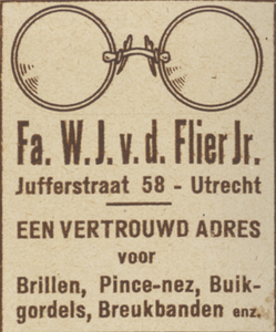 717112 Advertentie van W.J. v.d. Flier jr., Opticien, Jufferstraat 58 te Utrecht.